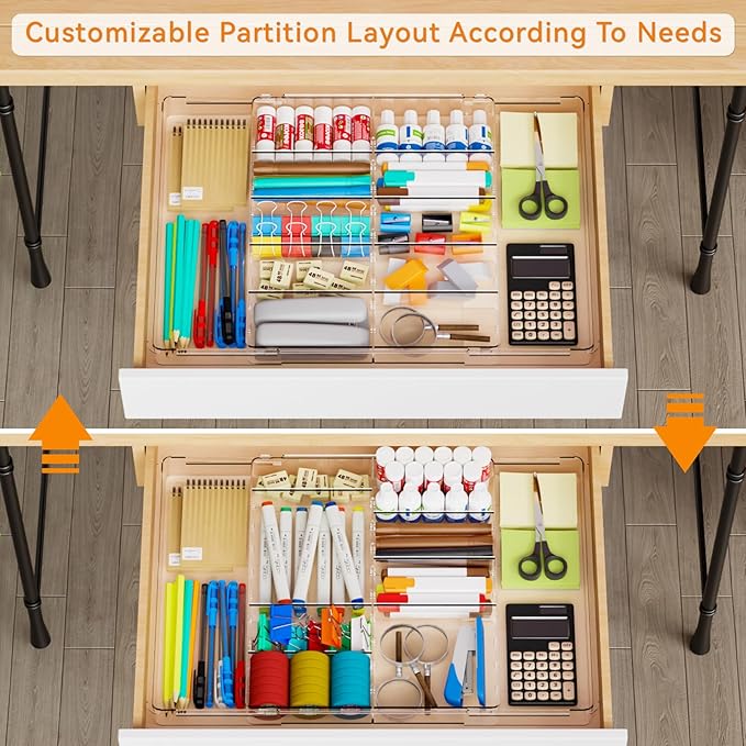 Yieach Large Expandable Desk Drawer Organizer Tray for Office Supplies and Accessories With 12 Adjustable Compartments,Office Drawer Organizers for Pencil,Pen and Kitchen Junk Drawer Organizer,Clear