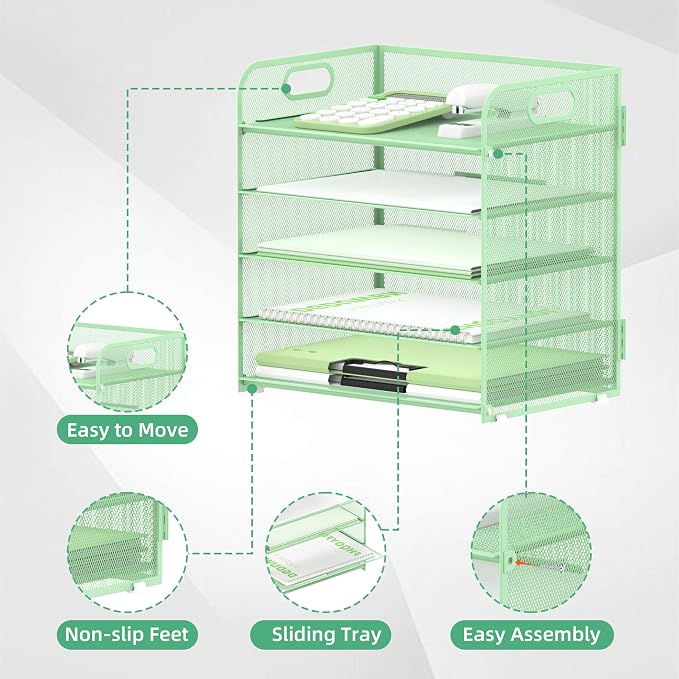 Supeasy 5 Trays Paper Organizer Letter Tray with Handle-Mesh Desk File Holders, Paper Sorter Desk Organizer for Office, Home, Classroom or School(Mint Green)