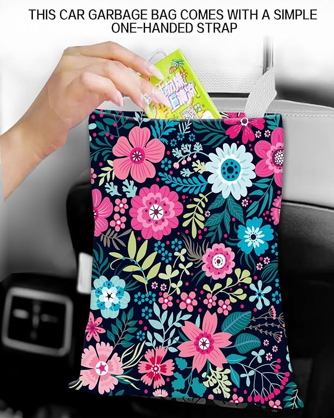 Car Garbage Can, Hanging Car Trash Can Bag for Vehicle, Travelling, Camping, Cute Car Back Seat Organizer, Cute Purple Flowers