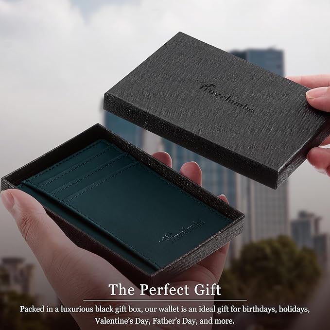 Travelambo 100% Genuine Leather Wallet for Men and Women, Slim Minimalist RFID Blocking Front Pocket Credit Card Holder with Gift Box