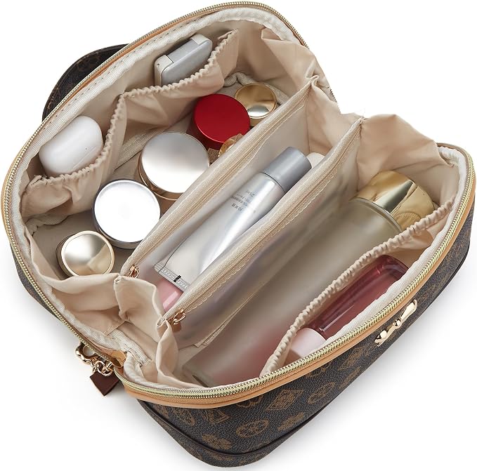 YTL Travel Makeup Bag, Large Capacity Cosmetic Bag for Women, Waterproof PU Leather, Flat Open Portable Toiletry Bag for Skincare, Brushes & Travel Essentials