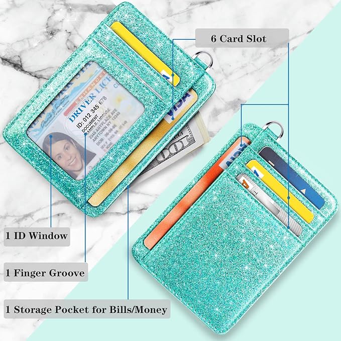 Coco Rossi Slim Front Pocket Wallet RFID ID Card Holder Cute Small Wallet with Keychian for Women,Glitter Teal