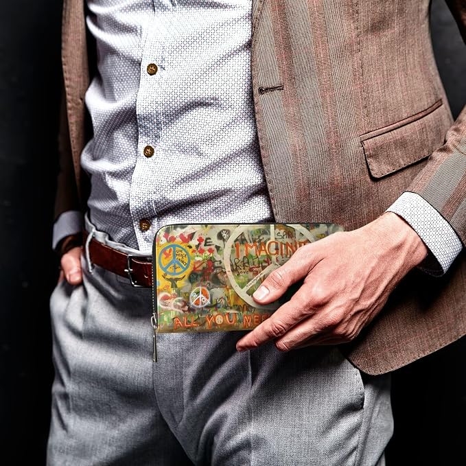 Rectangle Peace Sign Graffiti All You Need Is Love Wallet for Men Women Elegant Long Clutch Zip Around Travel Leather Coin Purse Large Capacity Credit Card Holder Handbag