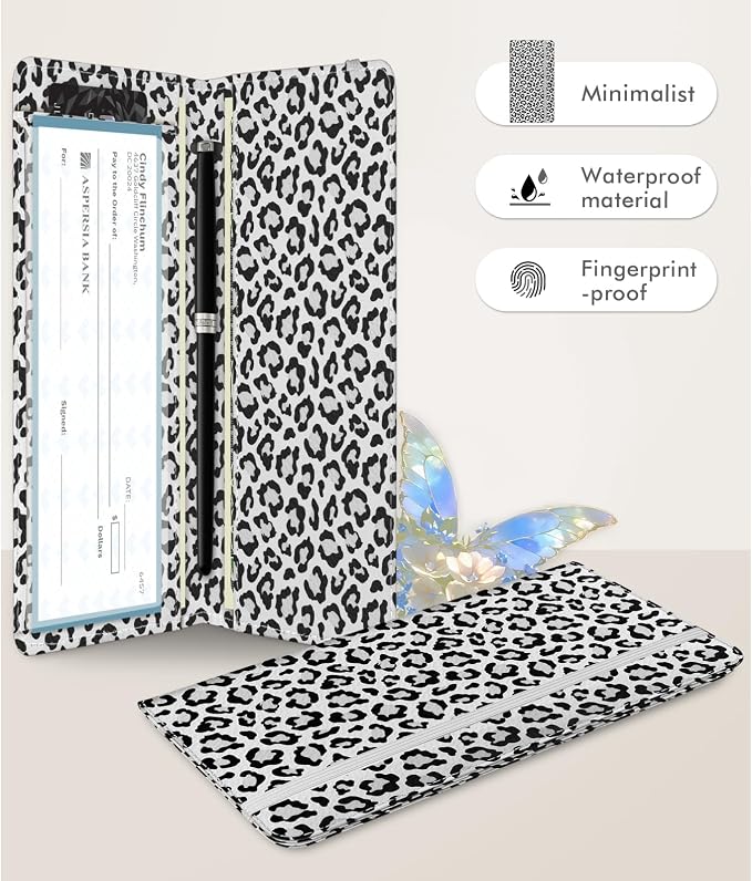 Checkbook Cover for Men Women, Premium Leather Checkbook Holder with RFID Blocking and Built in Clear Plastic Divider for Personal and Business Checks (Leopard-White)