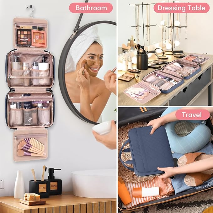 HXLGMD Travel Size Toiletry Bag for Women, Portable Cosmetic Bag with Hanging Hook, Travel Essentials Water-resistant Makeup Organizer for Accessories, Shampoo, Full-size Container, Toiletries