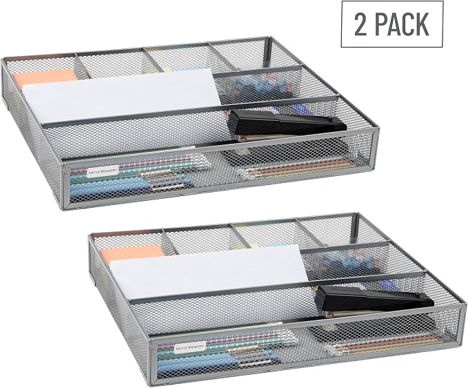 Mind Reader Drawer Organizer, Desk Org, Utensil Organizer, Office, Kitchen, Metal Mesh, Silver (Pack of 8)