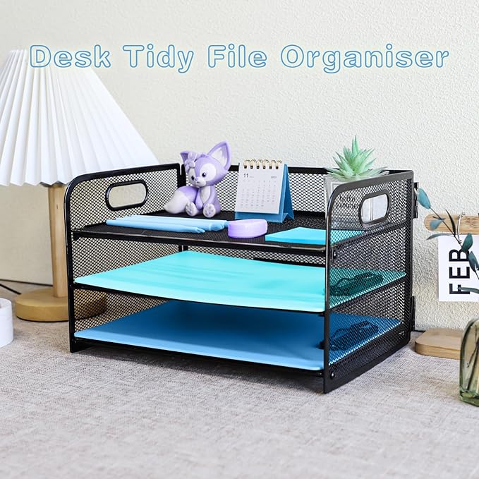 3 Tier Desk Organiser with Handle, Pull-Out Mesh File Organizer for Letter Tray Organizer Mesh Desk Organiser Tray Paper Storage Rack for A4 File Office Supplie, Black