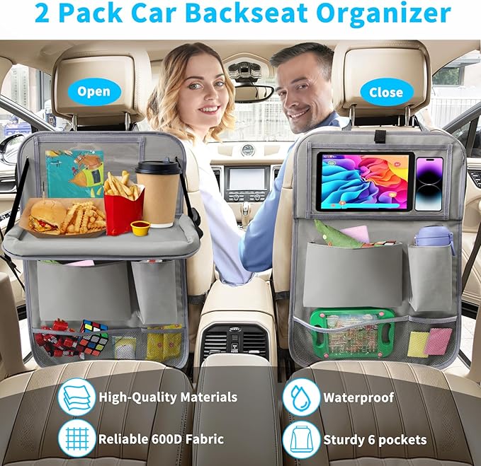 Car Backseat Organizer with Tablet Holder, 6 Storage Pockets Foldable Table Food Tray Seat Back Protectors Kick Mats Travel Accessories, 2 Pack Grey