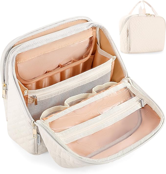 Standing Makeup Bag, Large Capacity with Room for Brushes and Mirror, Travel Makeup Organizer, Portable Stand Up Make Up Case, Waterproof Cosmetic Toiletry Bags with Handle, Color Cream White
