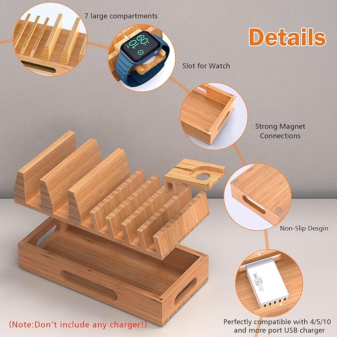Pezin & Hulin Bamboo Charging Station Organizer for Multiple Devices & Wood Desktop Docking Charging Stand Such As Cell Phone, Tablets, Phone Case and Watch Stand(No USB Charger)