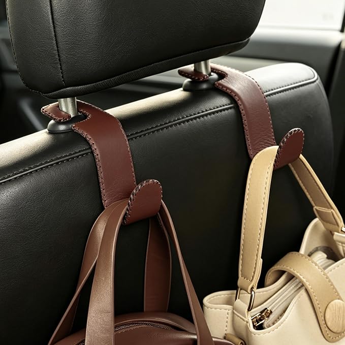 Amooca Car Seat Headrest Hook, Universal Vehicle Storage Hanger, Leather with Metal Car Seat Back Organizer for Handbag, Purse, Coat, Ergonomic Design, Brown 2 Pack