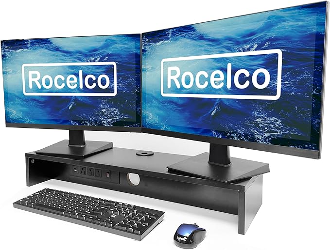 Rocelco 30" Dual Monitor Stand with AC Outlets and USB Power/Charging Strip - Wood Laptop TV PC Riser Shelf with Keyboard Mouse Storage and Cable Management - Black (R DMSV)