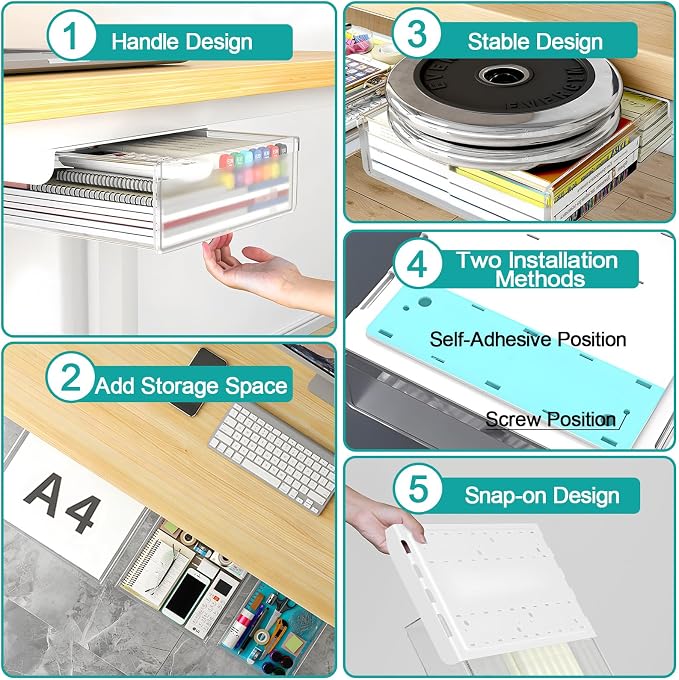 SVNNELP Under Desk Table Drawer Storage Organizer,3 Pack Small & Medium & Large Slide Out Desk Drawers - Hidden Desktop Organizer,Adhesive Storage Pencil Tray Under Table(Clear/LMS)