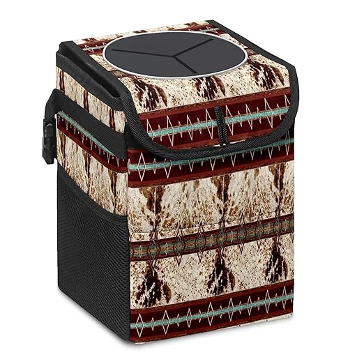 Car Trash Can with Lid Western Cowhide Aztec Collapsible Reusable Leak-Proof Auto Garage Bag,Hanging Vehicle Car