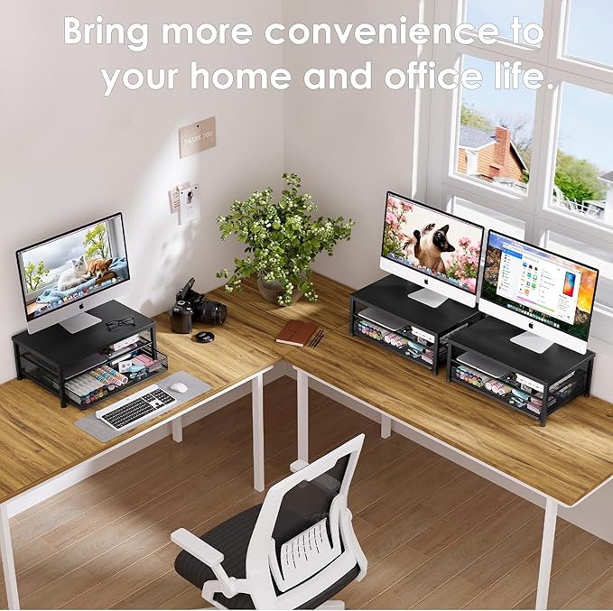 OPNICE Computer Monitor Stand Riser, Desk Organizer with Drawer, Printer & Laptop Stand, Office Desk Accessories & Workspace Desktop Organizers Storage for Office Supplies(Black 2-Pack)