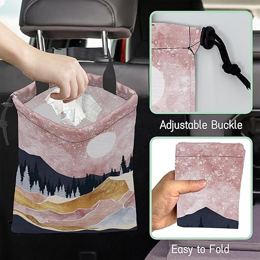 Pink Mountain Car Trash Bag,Full Moon Hanging Drawstring Car Garbage Bag,Waterproof Canvas Car Back Seat Organizer with Adjustable Buckle,for Vehicles,SUVs,Camping,Road Trips