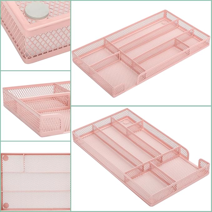 Annova Desk Drawer Organizer Tray for Office Organization - Metal Mesh - Storage Tray with Dividers for Pens, Desktop Accessories, Bathroom, Kitchen, Makeup and Office Supplies (Small, Light Pink)