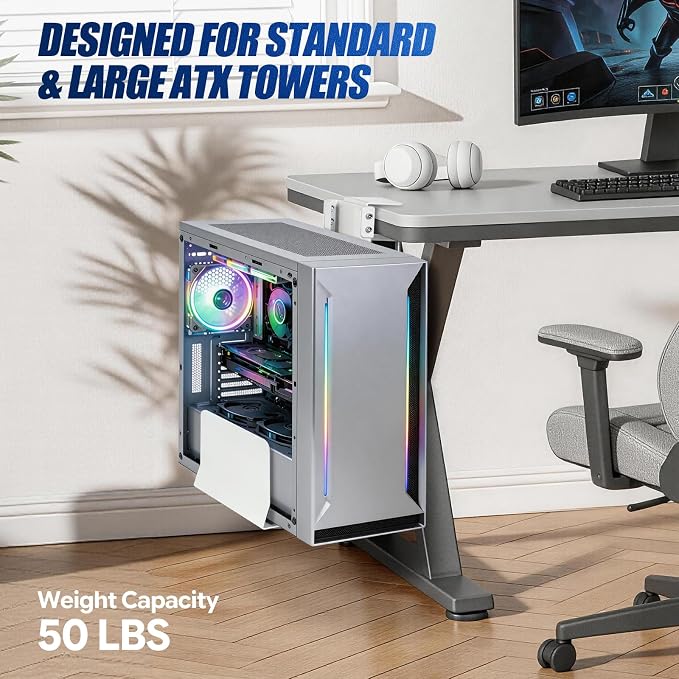 TooCust Adjustable Under Desk PC Mount, Heavy Duty No Drilling Clamp Mount on Desk Fits Most PC Tower 14.5”-22.4” (H) , Thickened & Ultra Strong CPU Holder for Standing Desk & Home Office, White