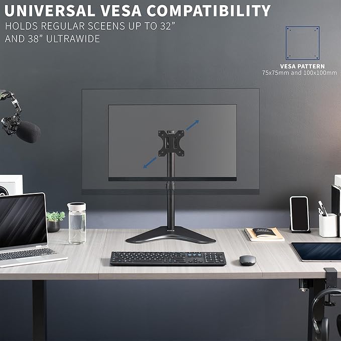 VIVO Single Monitor Desk Stand, Holds Screens up to 32 inch Regular and 38 inch Ultrawide, Freestanding VESA Steel Mount Base, Adjustable Height, Tilt, Swivel, Rotation, Black, STAND-V001H