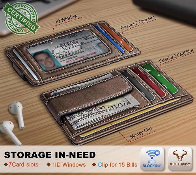 BULLIANT Men Wallet,Slim Leather Wallet Money Clip Card Hodler For Men Gift 8 Cards RFID Blocking