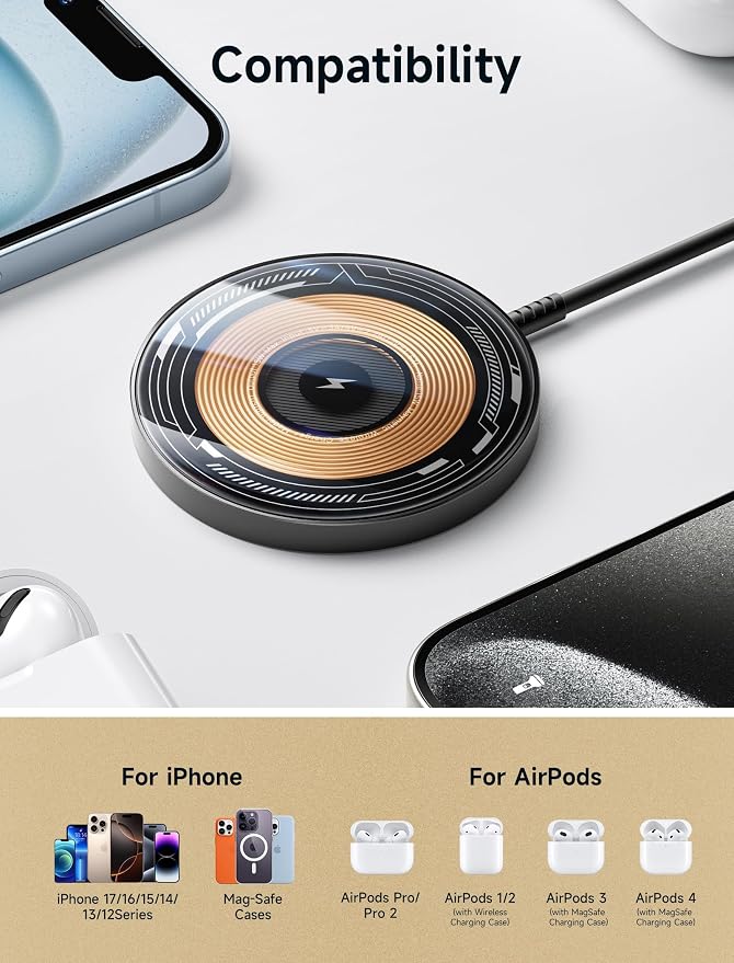 JSAUX Charger for iPhone 17 Magsafe Wireless Charging, Compatible with iPhone 17 Air Pro Max/16/15/14/13/12 Series, Magnetic Mag Safe Charging Pad, Aluminum Alloy, USB & USB C Dual Ports (Clear-Black)