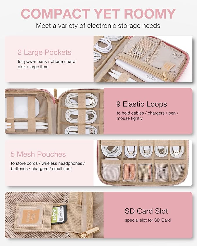 BAGSMART Electronics and Cable Organizer Travel Case for Phone, SD Card, Accessories Pink, Compact Tech Storage Bag