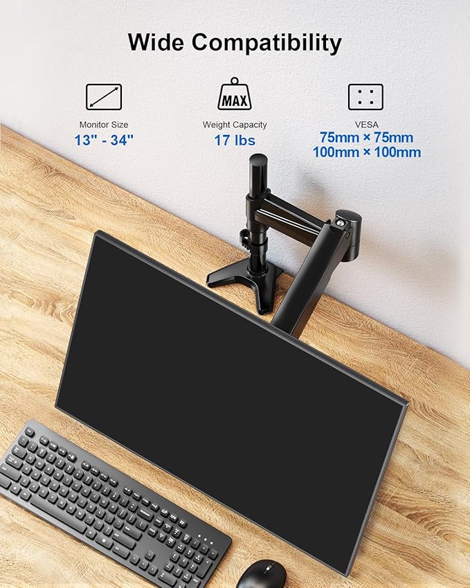 ERGOAV Single Monitor Desk Mount, Adjustable Monitor Stand Fits 13-34??Monitors up to 17 lbs, Tilt, Swivel, and Height Adjustment, Desk Clamp & Grommet Mount Included, VESA 75x75/100x100mm