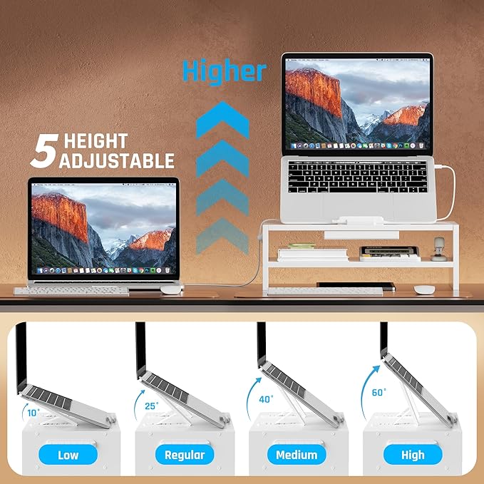 Adjustable Wood Laptop Stand, Ergonomic Height Angles Computer Holder Riser for Desk Compatible with Air, Pro, Dell, HP, Lenovo More 10-17.3" Laptops, White