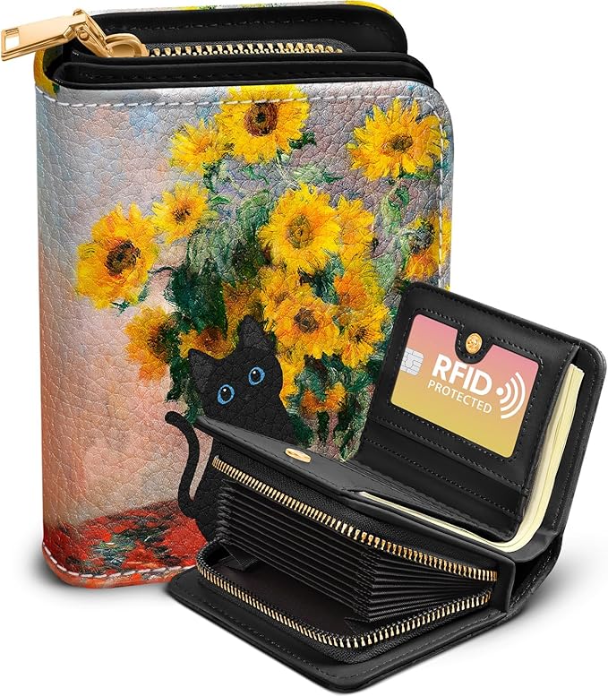 Bistup Credit Card Holder Wallet for Women Cute Leather Ladies Teen Girls Female Cardholder Wallets Accordion Purse Small Medium Aesthetic Print Sunflower Cat Modern Design Rfid Zipper Around