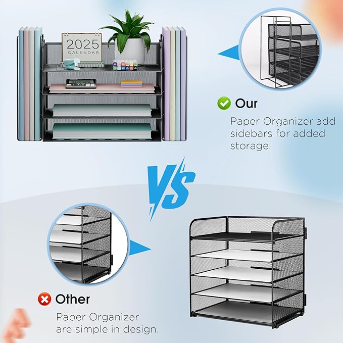 4 Tier Stackable Paper Tray Organizer for Desk, Office Desk Accessories, Paper Sorter Organizer for Letter/A4 Office File Folder Holder (Black, 19.2" x 9.7" x 10.2")