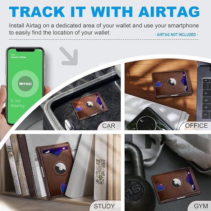 miyozi Airtag Wallet for Men,with Money Clip 11 Cards Slim Front Pocket Leather RFID Blocking Wallet with Gift Box