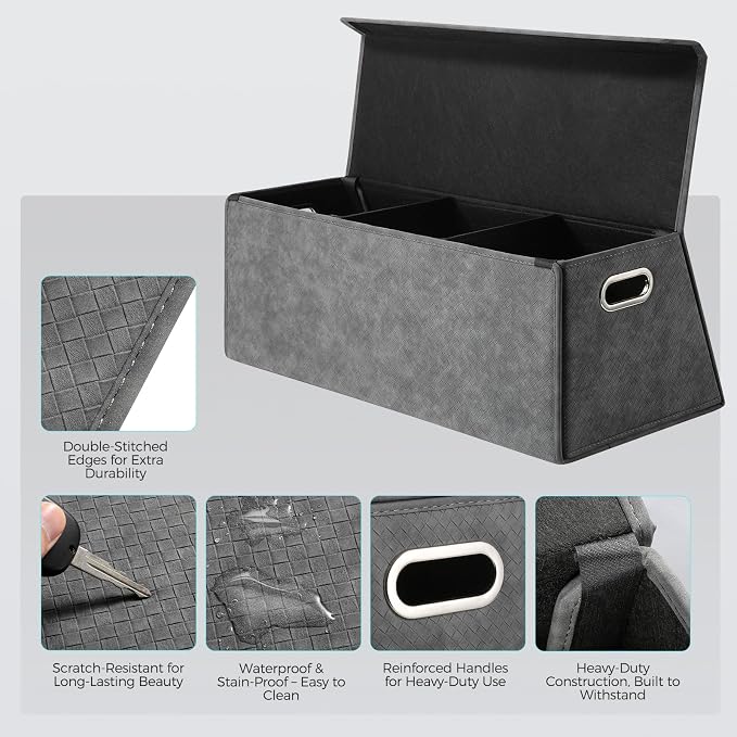 Fyzeoty Car Organizers and Storage - Trunk Organizer for Suv Car,Car Trunk Leather Storage Box,Extra Large,Magnetic Lid,Collapsible and Adjustable Trapezoidal - Grey