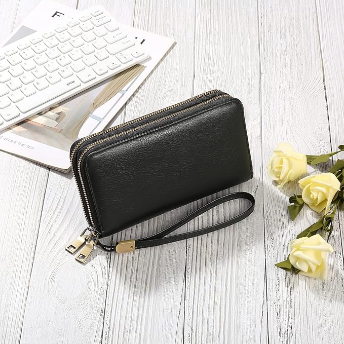 GAEKEAO Wallet for Women Clutch RFID Blocking Wristlet Leather Purse Large Capacity Credit Card Holder with Grip Hand Strap