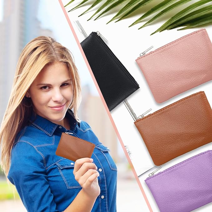 4 Pack Leather Zipper Coin Purse, Portable PU Leather Coin Purse,Mini Coin Pocket Pouch Change Holder, Coin Pouch with Zipper for Men Women Headset Credit Card ID Key Lipstick(4 color)