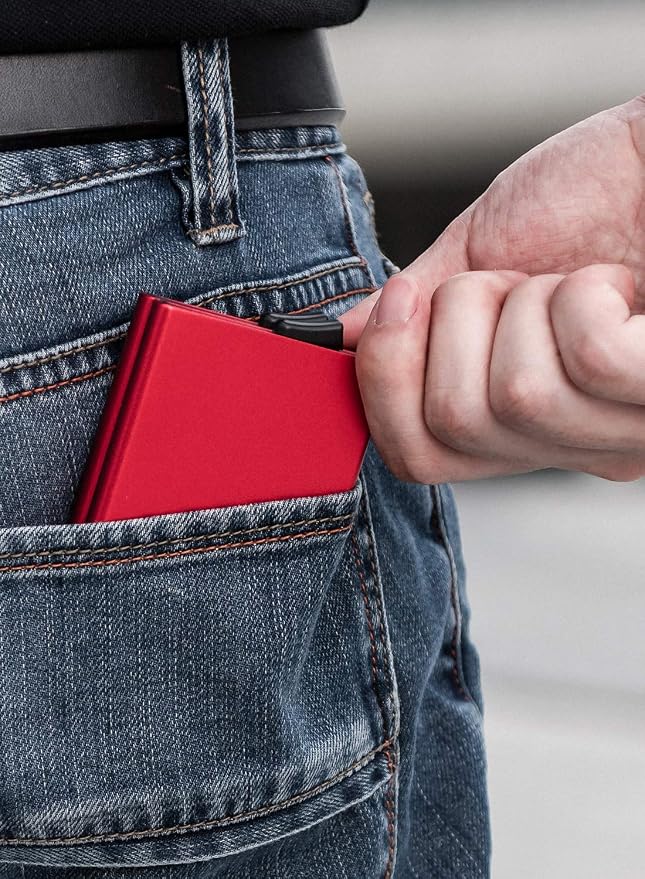 VULKIT Pop Up Card Holder Minimalist Card Case RFID Blocking 2 Double Slim Metal Case for Men or Women (Red)