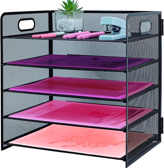 5 Tier Lettrer Tray Organizer with Handle, Metal Mesh Desk File Organizer with Sliding Trays, Paper Sorter Desk for Home Office School, Black