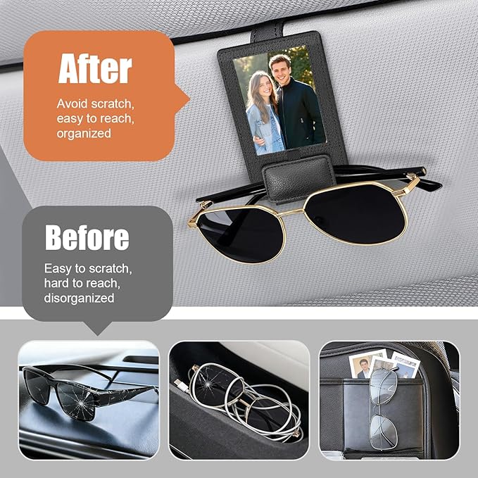 New 2 in 1 Sunglass & Photo Holder for Car, Strong Magnetic Leather Sunglasses Holder, Car Visor Picture Holder Clip, 2026 Upgraded No Fall No Slide Car Visor Accessories