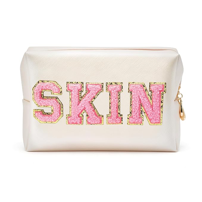Y1tvei Preppy Patch SKIN Varsity Letter Cosmetic Toiletry Bag PU Leather Portable Makeup Bag Zipper Pouch Storage Purse Waterproof Organizer Gift for Women Teen Girls Daily Travel Use (Shell Gold)