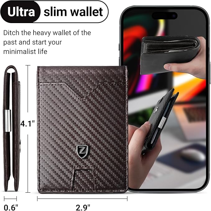 Zitahli Slim Wallet for Men with Money Clip, Minimalist Front Pocket RFID Blocking Leather Wallets Bifold Credit Card Holder, 11 Card Slots and ID Window with Gift Box