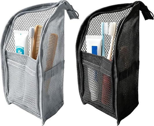 Standing Toiletry Bag, 2026 New Portable Lightweight Travel Toiletry Bag, Foldable EVA Mesh Large Capacity Toiletries Organizer, Hanging Clear Makeup Bag for Women (Grey+Black)