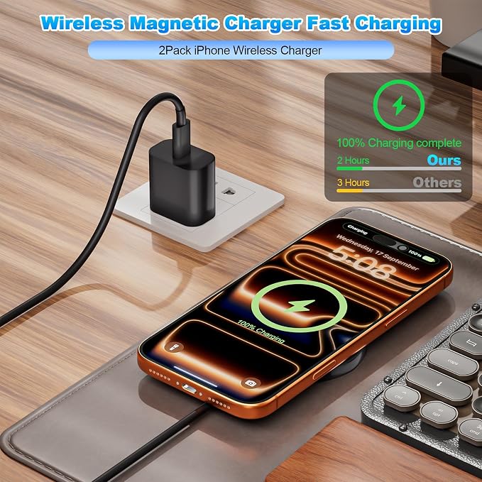 Magnetic Wireless Charger for iPhone 17 16,2Pack 6FT Wireless iPhone Charging Fast Mag-Safe Charger with Apple USB C Charging Block for iPhone 17 Pro max/17Air/16/15/14/13/12/11/AirPods Pro 3/2-Black
