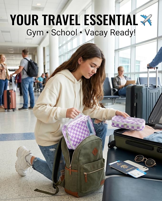 LETGO Clear Checkered TSA Approved Toiletry Bag,Diaper Bag Organizer Pouch Set,Clear Waterproof Makeup Bags with Zipper,Purse Organizer Pouches,Travel Organizer Bags for Woman and Kids
