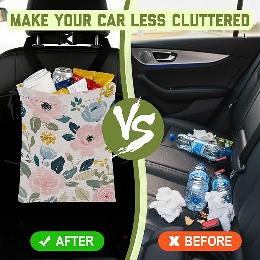 Car Garbage Bag Pink and Blue Rose Flowers Leak-Proof Waterproof Car Trash Bag with Drawstring Foldable Canvas Trash Bin with Adjustable Buckle for Car Accessories