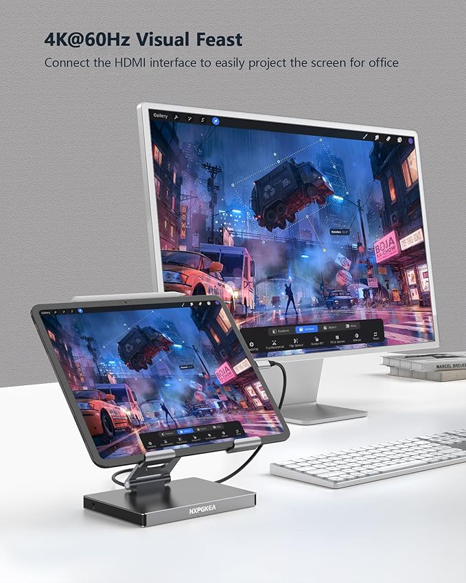iPad USB C Hub Stand, 9-in-1 Multiport Adapter for iPad Pro M4 M3 M2 13 12.9 11 Inch Docking Station Foldable with 4K60Hz HDMI, RJ45 Gigabit Ethernet, SD/TF Card Reader, USB 3.0, 3.5 mm Audio