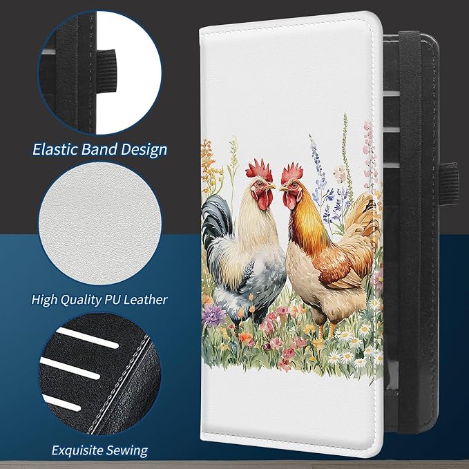 Check Book Cover for Personal Checkbook with Duplicate Checks for Women's & Men PU Leather Wallets Check Book Holder with Pen Card Slots Elastic Strap,Watercolor Rooster
