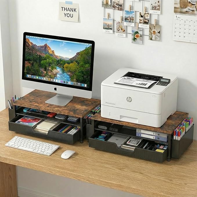 ECOLOVI Desk Organizer and Accessories, 2-Tier Computer Monitor Stand Rise with Storage Drawer & 2 Pen Holders, Laptop & Printer Stand for Desktop, Workspace Organizers for Office Supplies (Brown)