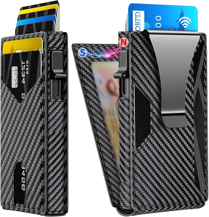 Wallet for Men Aluminum RFID Blocking -Metal Smart Pop-Up Credit Card Holder with 2 ID Windows, Holds 8-10 Cards,Bifold Security Front Pocket Wallet & Money Clip,Men's accessories(Carbon)