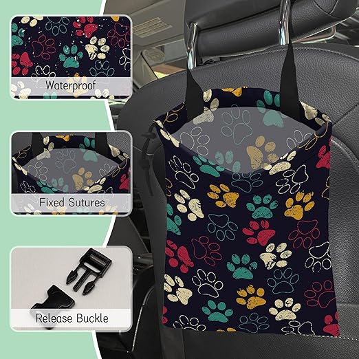 Colorful Paw Car Trash Bag,Hanging Drawstring Car Garbage Bag, Waterproof Canvas Car Back Seat Organizer with Adjustable Buckle, for Vehicles, SUVs, Camping, Road Trips