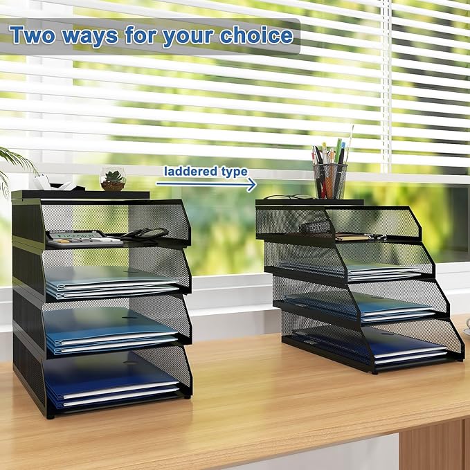 Natwind 4-Tier Paper Organizers,Desk Organizer,Stackable Paper Tray, Desk Accessories,Metal Mesh Desktop Organizer,Letter Trays,File Document Storage Rack for for Home, Office, School (Black)