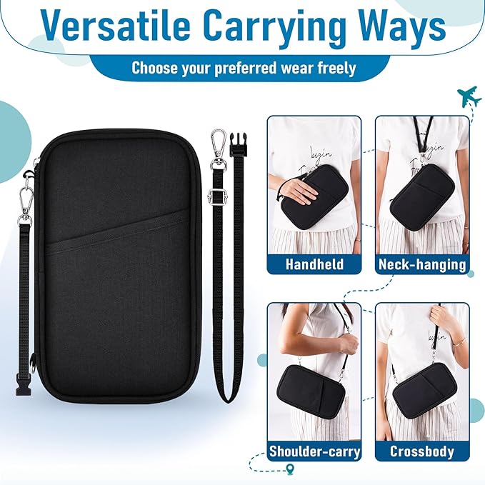 Family Passport Holder for Travel, RFID Blocking Travel Document Organizer with Flexible Carrying Style, Portable Passport Wallet and Essentials for Travel (Black)